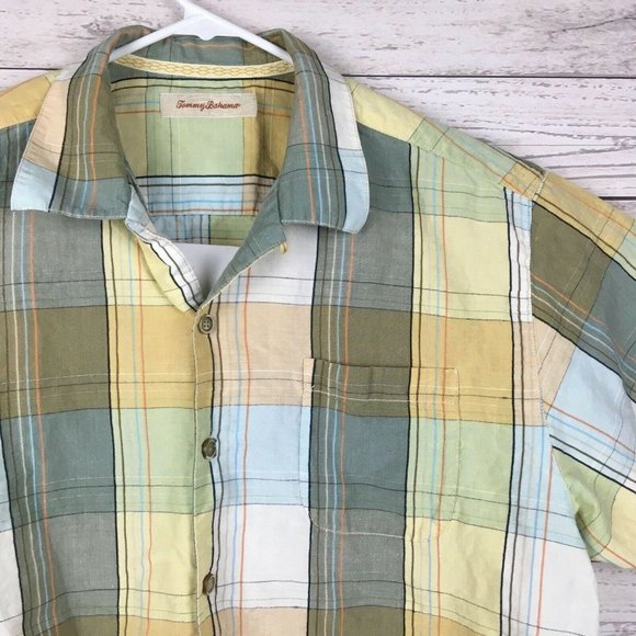 Tommy Bahama Shirt sz Large Short Sleeve Linen Silk Blend Button Up Plaid Yellow - Picture 2 of 6